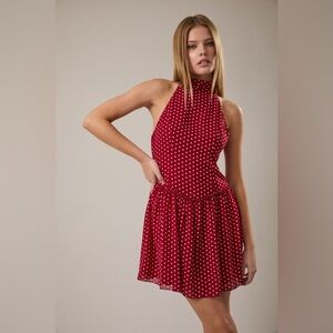 Polka Dot Halter Neck Drop Waist Mini Dress - Le Lis